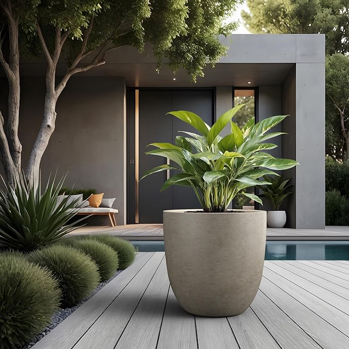 Kante Round Concrete Planter, Large Outdoor Indoor Garden Pots with Drainage Hole, 18-Inch Diameter Flower Pots for Patio, Garden and Home, Weathered Concrete