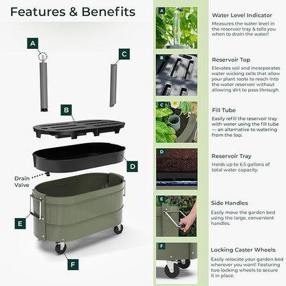 Permasteel Self-Watering Garden Bed, Rolling Planter for Vegetables, Flowers, Herbs, and Fruit, Outdoor Indoor, Caster Wheels, Army Green