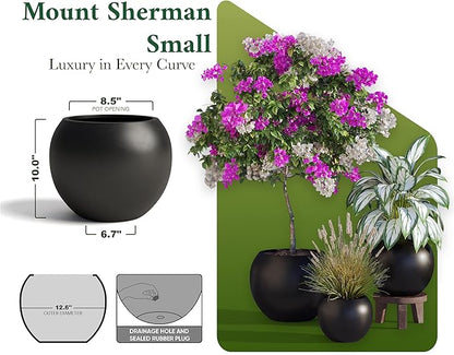 DTY Mount Sherman 12.6" D x 10'' H (Pot Opening 8.5") Fiberstone Round Planter with Drainage Hole, Smooth Finishes, Weather Resistant for Indoor and Outdoor, 2 Extra Coco Mats - Black, Small