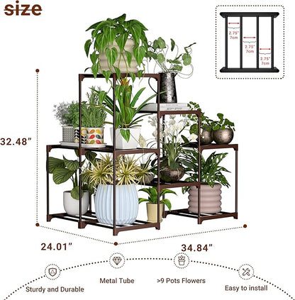 Plant Stand Indoor Outdoor Plant Shelf Stand, 3 Tiers 9 Pots Large Potted Metal Flower Plant Rack for Multiple Plants, Hanging Tall Planter Holder for Patio Balcony Living Room Corner Porch Garden Boho Decor Brown