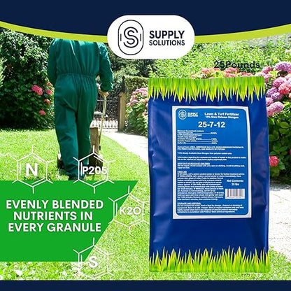 Supply Solutions 25-7-12 Lawn and Turf Fertilizer - 15% Slow Release Nitrogen Lawn Fertilizer for All Grass Types, Shrubs - Turf Builder Plant Food Covers 6,250 sq.ft (25lbs)