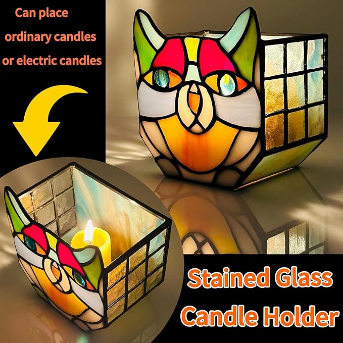 Tiffany Stained Glass Cat Planter,Indoor and Outdoor Plant Displays,Succulent Cat Pot,Plant Gifts for Women,4.6x5.15x3 in (Without Succulents)