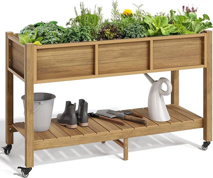 YITAHOME Raised Garden Bed HDPE, 47x18x31In Raised Flower Bed Poly-Wood Weather-Resistant Elevated Planter Box with Lockable Wheels & Storage Shelf for Vegetable Flower, Brown