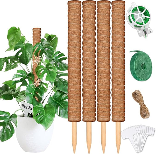 4 Pack 21.7" Coco Coir Poles, Stackable Plant Stakes Moss Pole for Plant Monstera with Twist Ties Plant Ties Labels Jute Rope, Plant Sticks Support for Climbing Plants Growth Indoor