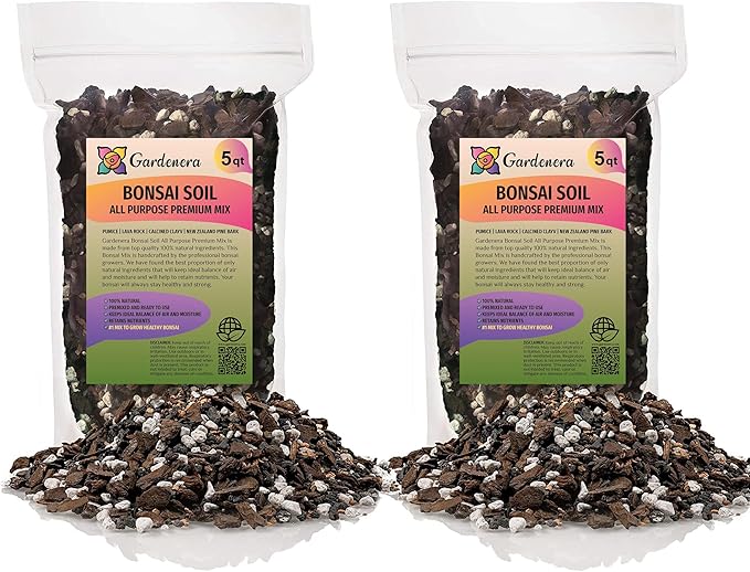 GARDENERA Premium Bonsai Soil All Purpose Fast Draining Mix - 10 Quart - Pumice, Lava, Calcined Clay and Pine Bark Potting Pre Mixed Bonsai Plant Soil Mixture [2 Bags of 5QT]