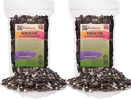 GARDENERA Premium Bonsai Soil All Purpose Fast Draining Mix - 10 Quart - Pumice, Lava, Calcined Clay and Pine Bark Potting Pre Mixed Bonsai Plant Soil Mixture [2 Bags of 5QT]