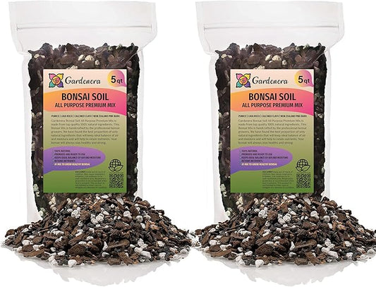 GARDENERA Premium Bonsai Soil All Purpose Fast Draining Mix - 10 Quart - Pumice, Lava, Calcined Clay and Pine Bark Potting Pre Mixed Bonsai Plant Soil Mixture [2 Bags of 5QT]