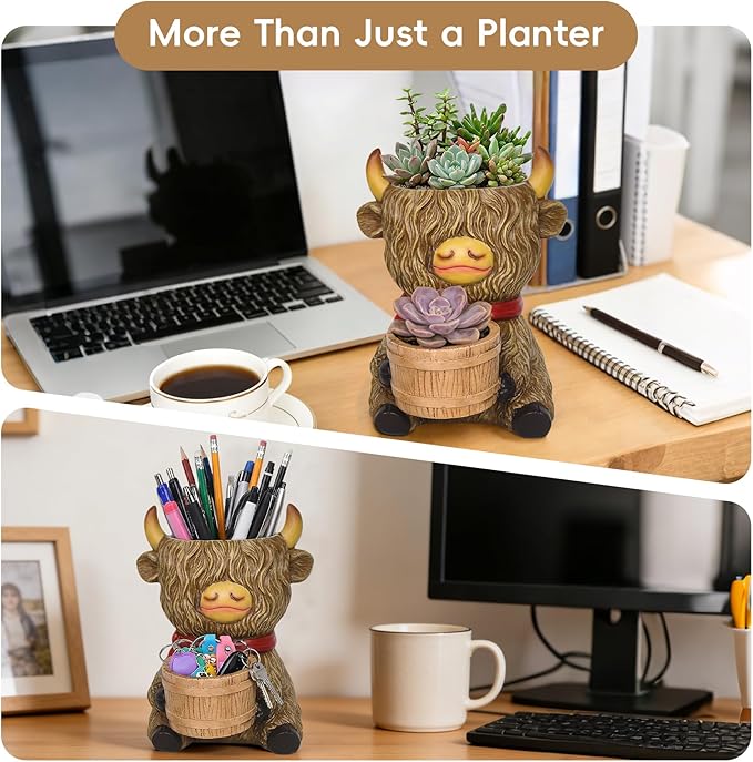 Highland Cow Succulent Planter Decor - Cute Resin Flower Pot for Indoor Plants(Drainage Hole and 2 Pots), Home Desk Decor, Best Gift for Plant Lovers, Garden Backyard Cow Stuff Statue, 6.5”H x 5.5”W