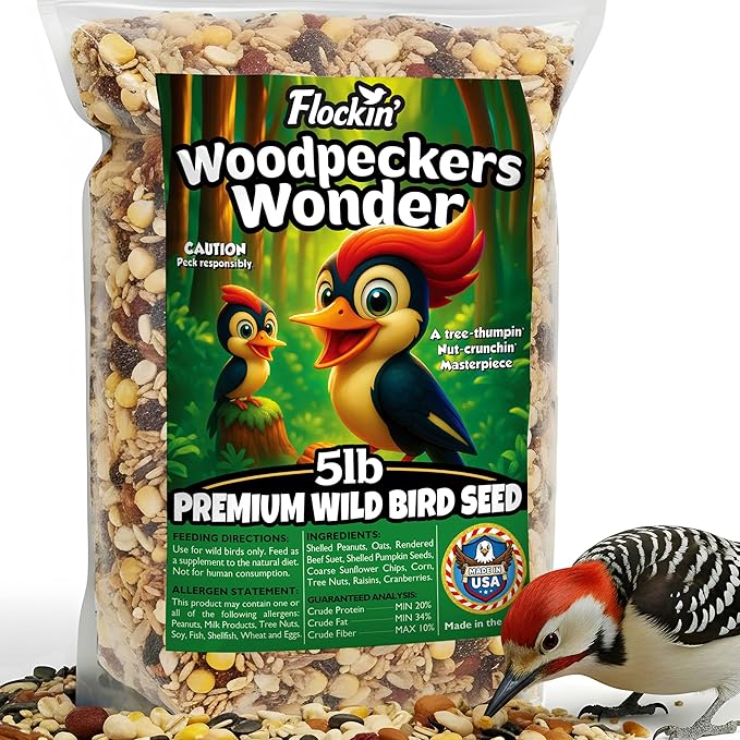 Woodpecker Bird Seeds for Outside Wild Birds - Premium Woodpecker Food with Sunflower Chips, Peanuts & Suet - Attract Woodpeckers & Songbirds - Bird Food for Outside Wild Birds - No Fillers (5LBS)