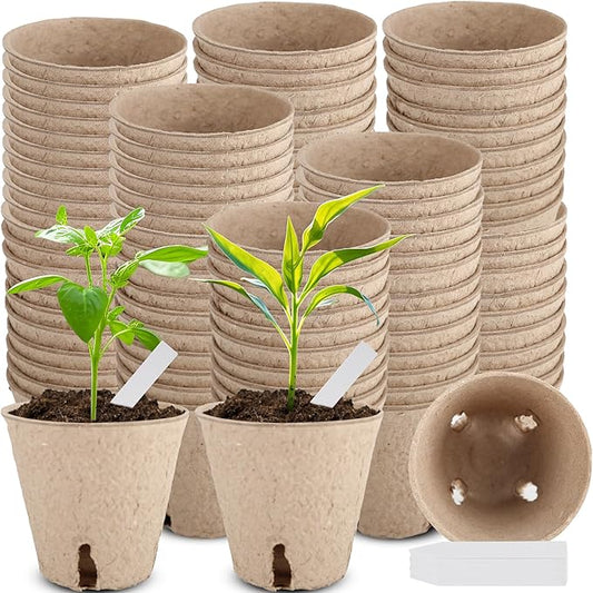 120 Packs 3.15 Inches Seed Starting Pots Biodegradable Drainage Holes Round Nursery Pot with 15 Planting Labels Small Seed Starter Tray Bulk Garden Germination Container for Herb Seed Starter