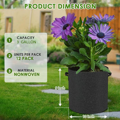 12-Pack 3 Gallon Thickened Non-Woven Breathable Plant Grow Bags, Fabric Inflatable Pots Flowerpots with Handles, Fabric Plant Bags, Black.