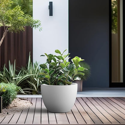 Kante 14.2 Inch Round Concrete Planter - Classic Large Indoor/Outdoor Plant Pot with Drainage Hole and Rubber Plug, Suitable for Gardens and Patios, White