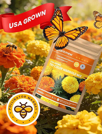 Tri-Color Marigold Seeds Bulk - 60,000+ Heirloom Flower Seeds for Planting Outdoors, Dwarf French Marigolds, Non-GMO Pollinator Magnet with High Germination, Quick Blooming