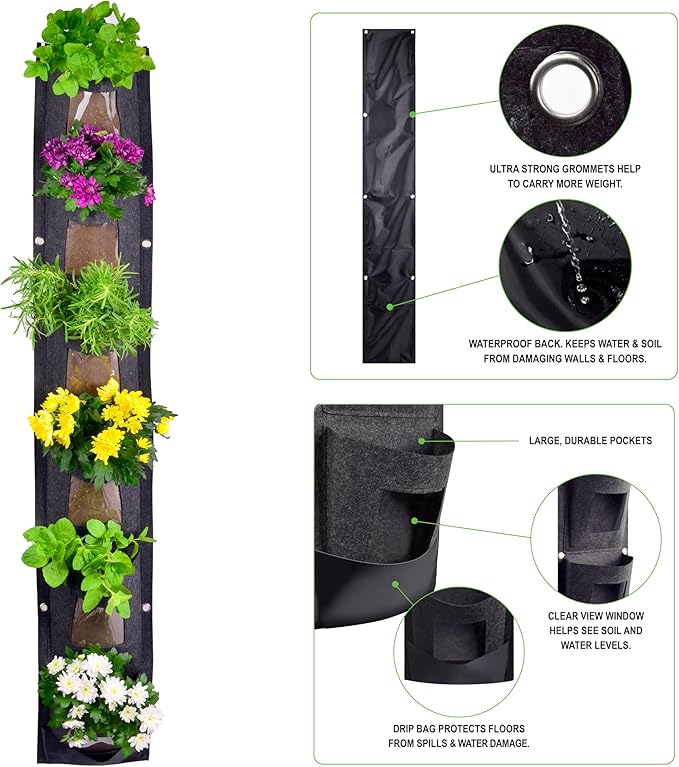 6 Pocket Vertical Grow Bag, Hanging Wall Garden Planter, Indoor Outdoor, Waterproof Reusable Breathable