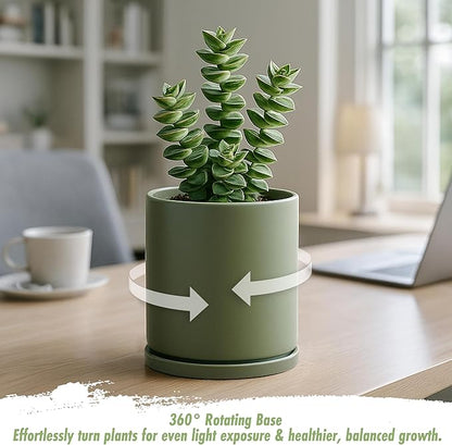 D'vine Dev Double-Layer Planter Set – Rotating Plastic Cachepot with Clear Inner Liner for Root Health, Perfect for Indoor Plants, 4.5", Olive, 73-U-C-1