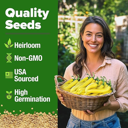 HOME GROWN Non GMO Banana Pepper Seeds Pack 94 Heirloom Vegetable Seeds High Germination Sweet Peppers for Planting Indoors or Outdoor Garden (Capsicum annuum) (1pack)