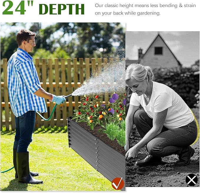 Domi 8x4x2ft Metal Raised Garden Beds Outdoor, Thickened Galvanized Steel Deep Root Planter Box with Stabilizing Bars & Rubber Edging for Vegetables, Flowers, Herbs - Dark Gray