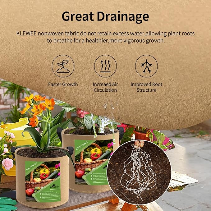 6 Pcs 5 Gallon Grow Bags for Vegetable, Brown Heavy Duty Thickened Nonwoven Fabric Pots with Handles, Durable Breathe Plant Container for Potato, Carrot, Onion, Flower, Indoor and Garden