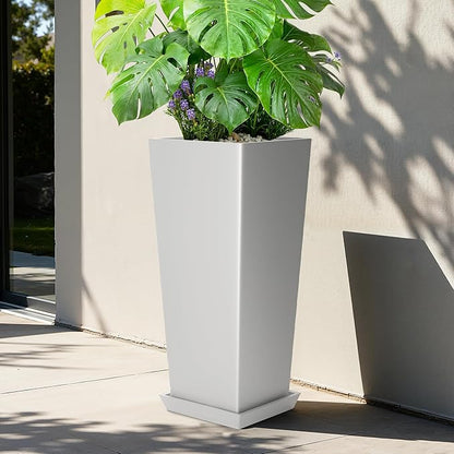 24" Tall White Planters for Outdoor Plants Set of 2, Large Flower Pots Planters with Drainage Holes & Tray, Modern Indoor Tapered Tall Planter for Front Porch