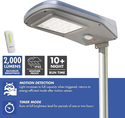 Wagan EL8590 2000 Lumens Integrated LED Solar Street Light with Remote Control Security Flood Light Motion Sensor Waterproof Weatherproof Dusk to Dawn Solar Lamp for Outdoor Garden Path Parking Lot