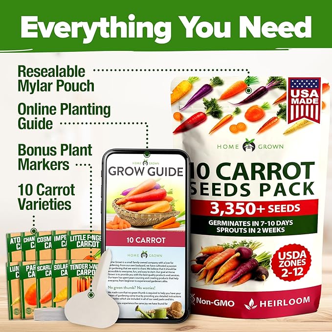 HOME GROWN Rainbow Carrot Seeds 3,350+ Heirloom Seeds (10 Varieties) – High Germination, Vegetable Seeds for Planting Indoors or Outdoor Home Garden
