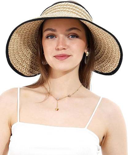 Womens Beach Straw Sun Hats Ponytail Hole Wide Brim Summer Visor Foldable Hat Sun Protection Packable for Travel Pool