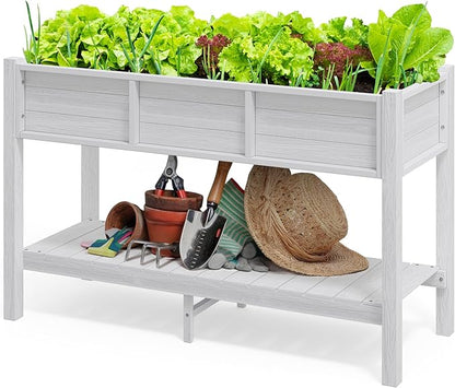 DWVO 48x18x30in Raised Garden Bed HDPE, Poly Wood Planter Box Stand,Weather-Resistant Planter Box with Legs & Storage Shelf, Elevated Garden Bed for Backyard, Patio, Balcony, White
