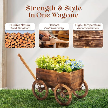 Wood Wagon Planter for Outdoor Balcony Decor - Garden Rustic Wooden Flower Cart with Wheels for Outside - Garden Decor - Amish Decorative Indoor - Wheelbarrow Planter for Patio