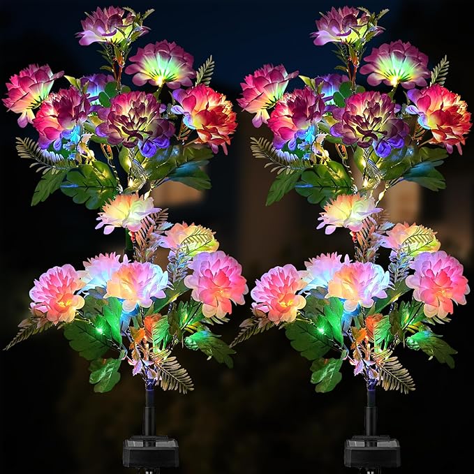 4 Pack Solar Garden Lights Outdoor, LED Colorful Waterproof Solar Powered Chrysanthemum Flowers Landscape Lights for Patio, Outside Yard, Pathway Decorative, Décor, Gifts, Two Lighting Modes