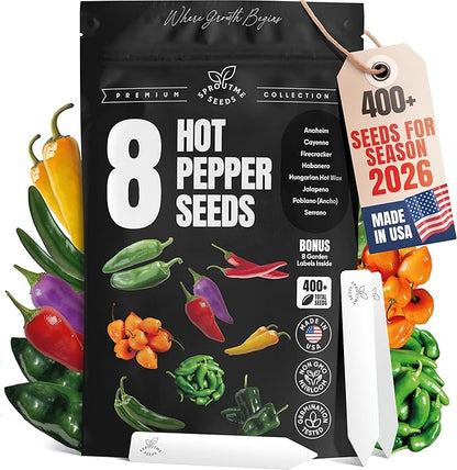 8 Hot Pepper Seeds Variety Pack – Mixed Heat Garden Collection, Anaheim, Cayenne, Habanero, Hungarian Hot Wax, Jalapeño, Poblano, Serrano & Firecracker, Non-GMO Heirloom for Indoor & Outdoor Growing