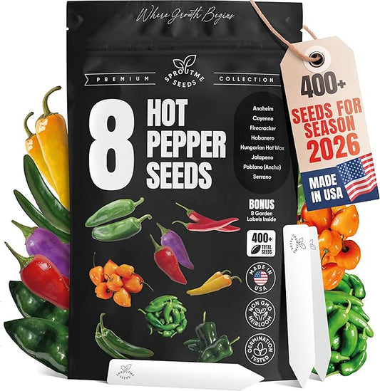 8 Hot Pepper Seeds Variety Pack – Mixed Heat Garden Collection, Anaheim, Cayenne, Habanero, Hungarian Hot Wax, Jalapeño, Poblano, Serrano & Firecracker, Non-GMO Heirloom for Indoor & Outdoor Growing