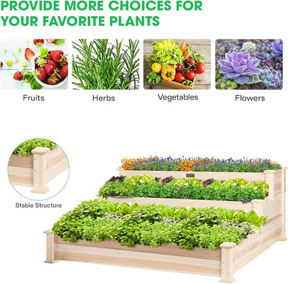 VIVOSUN 3-Tier Wooden Raised Garden Bed, 48 x 48 x 21 Inches, Outdoor Wood Planter Kit for Plants, Herbs, and Vegetables for Garden, Patio, Balcony, Backyard and Outdoors