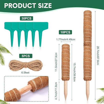 10 Pack Moss Pole, 112 Inch Coir Moss Pole for Plants Monstera, Plant Pole for Climbing Indoor Plants Potted Plants, Plant Sticks Support Extension with 30 Pcs Plant Labels and 5 Pcs Garden Ties