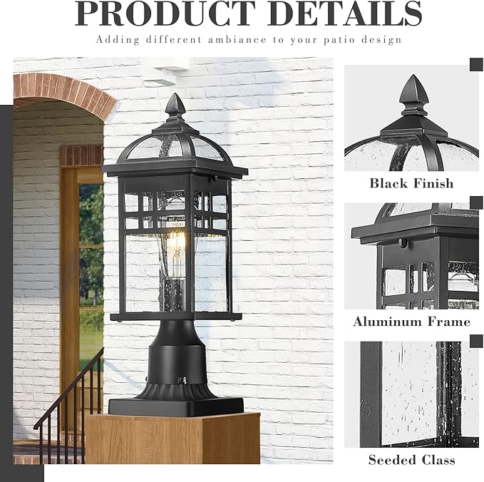 Emliviar 16 Inch Outdoor Lamp Post Light Fixture, Modern Outdoor Pillar Light for Outside, Waterproof Aluminum in Black Finish Seeded Glass, DE281P BK
