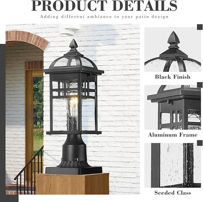 Emliviar 16 Inch Outdoor Lamp Post Light Fixture, Modern Outdoor Pillar Light for Outside, Waterproof Aluminum in Black Finish Seeded Glass, DE281P BK