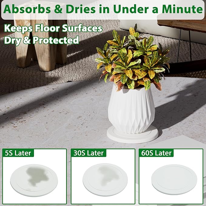 Plant Saucer Flower Pot Saucers Plant Trays for Pots Instant Dry Diatomaceous Earth Round Plant Drip Trays for Indoors Keeping Counter and Floors Dry and Clean (2Pcs White Small)