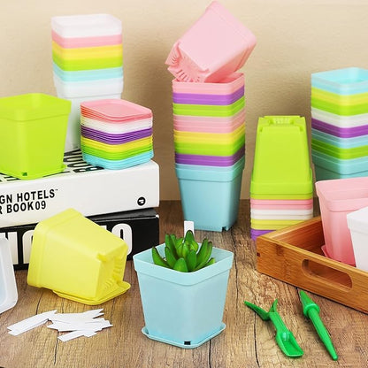 120 Pack Mini Plastic Planters 3 Inch Flower Seedling Nursery Pots with Pallet Colorful Square Flower Plant Pots Seed Starting Pots with Labels and Tools for Home Garden Flowers Plants,6 Colors