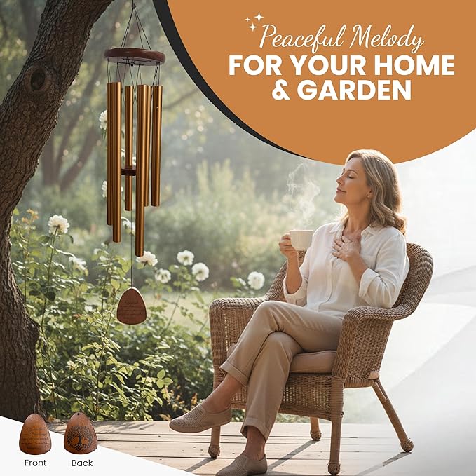 Memorial Wind Chimes for Outside Clearence - Teardrop Pendant, Deep Toned Aluminum Tubes & Pine Wood, Sympathy Gift for Loss, Letter from Heaven & Keepsake Keychain, Garden Porch Decor - Gold