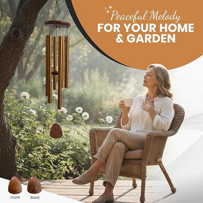 Memorial Wind Chimes for Outside Clearence - Teardrop Pendant, Deep Toned Aluminum Tubes & Pine Wood, Sympathy Gift for Loss, Letter from Heaven & Keepsake Keychain, Garden Porch Decor - Gold