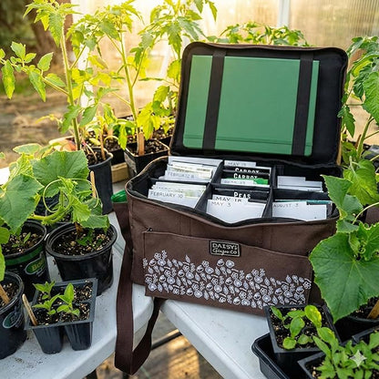 SEED STORAGE ORGANIZER TOTE BAG - Flexible Canvas Seed Organizer Holds 180 Seed Packets with Shoulder Strap, Side Pockets and 12 reusable Tabs for Gardeners | Water Resistant Bottom, Notebook Straps