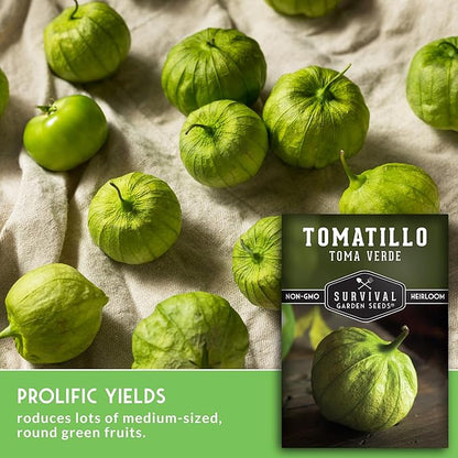 Toma Verde Tomatillo Seeds for Planting - Heirloom Mexican Green Husk Tomato, High Yield Non-GMO Variety for Salsa Verde and Authentic Mexican Cooking - Survival Garden Seeds (5 Packs)