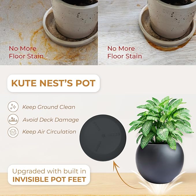 9.7" H x 12" D Globo Fiberstone Round Planter with Drainage Hole, Smooth Finishes, Weather Resistant for Indoor and Outdoor Use, Included 2 Extra Coco Mats (Black, 7.8" Pot Opening)