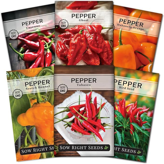 Sow Right Seeds - Hot Pepper Seed Collection for Planting - Includes Orange Habanero, Ghost, Thai, Cayenne, Tabasco, Scotch Bonnet - Non-GMO Heirloom Varieties to Plant a Home Vegetable Garden