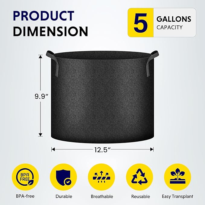 iPower 5 Gallon 10 Pack Grow Bags Nonwoven Fabric Pots Aeration Container with Strap Handles for Garden and Planting, 10-Pack Black, 5 Gallon