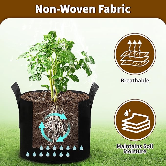 6 Pack 3 Gallon Grow Bags, Heavy Duty 300g Nonwoven Fabric Plant Pots with Reinforced Handles, Breathable Potato & Tomato Grow Bags for Vegetables, Peppers, Herbs - Black