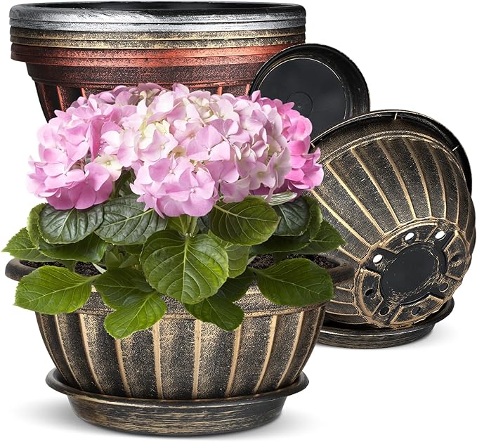 NIKONIKO 12 Inch Plant Pots, 6-Pack Plastic Wide Ribbed Planters with Drain Holes & Trays, Fluted Design Flower Pots for Indoor and Outdoor Plants