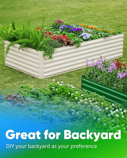 Quictent Galvanized Raised Garden Bed 8x4x2 Ft Tall Metal Planter Box for Vegetables Bottomless for Backyard, 2 Tomato Cages Included, 22.04" Deep, Beige