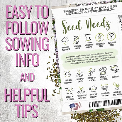 Seed Needs Valerian Seeds for Planting Stink Root Plants - Non-GMO Heirloom & Untreated Perennial Medicinal Herb Seed to Plant a Home Grown Outdoor Garden (5 Packs)