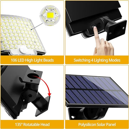 Solar Lights Outdoor, 106 LED 3000LM Solar Powered Motion Sensor Flood Lights with Remote, Dusk to Dawn Led Solar Security Wall Lights with 16.5Ft Cable IP65 Waterproof for Outside, Garage, 2 Pack