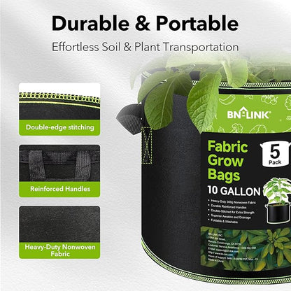 BN-LINK 5-Pack 10 Gallon Grow Bags, Heavy Duty Aeration Fabric Pots with Handles, Thickened Nonwoven Plant Bags for Vegetables, Flowers, Fruits